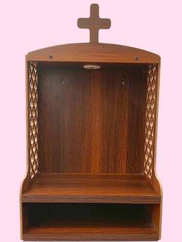 Decorative Wooden Christian Prayer Temple with Cross Carved Panels LED Light and Storage