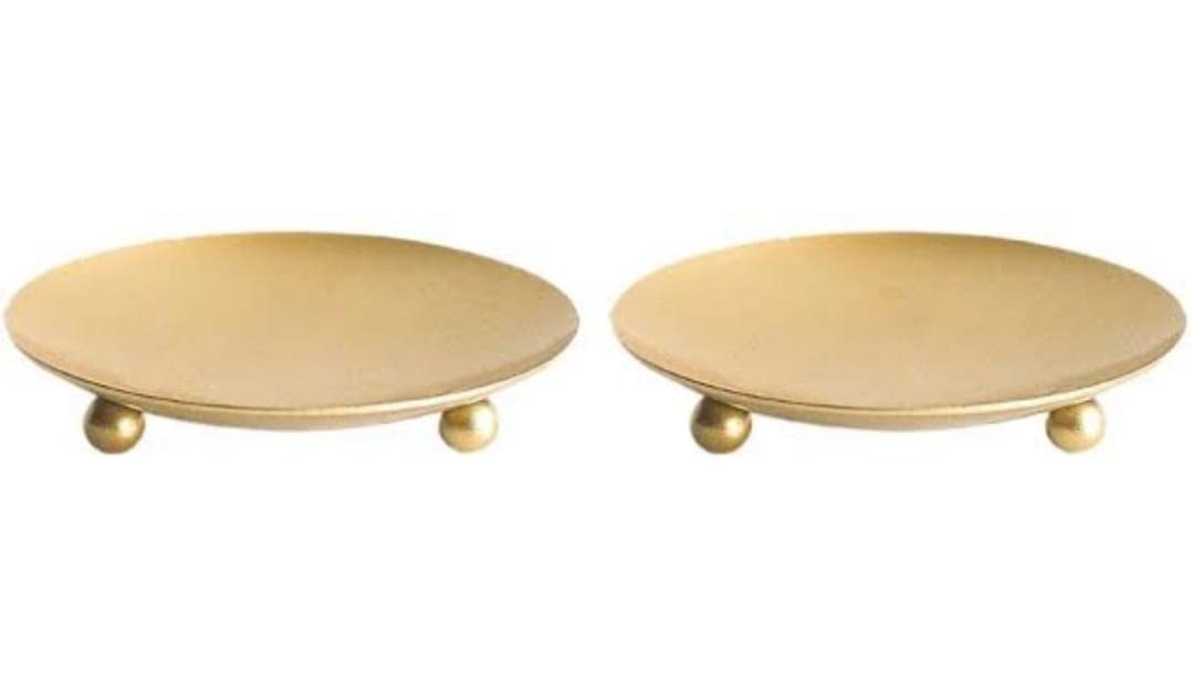 Next In Crafts Next in Metal Metal T-Light Holder and Pillar Holder Plates , Black Iron Round Candle Tray Pedestal Candle Stand for Pillar Candles(Pack of 2 Gold)