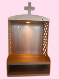 Decorative Wooden Christian Prayer Temple with Cross Carved Panels LED Light and Storage
