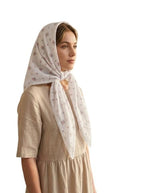 Floral Print Cotton Muslin Head Scarf with Lace Trim, White