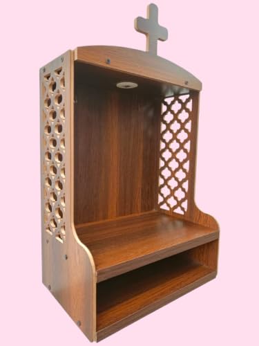 Decorative Wooden Christian Prayer Temple with Cross Carved Panels LED Light and Storage