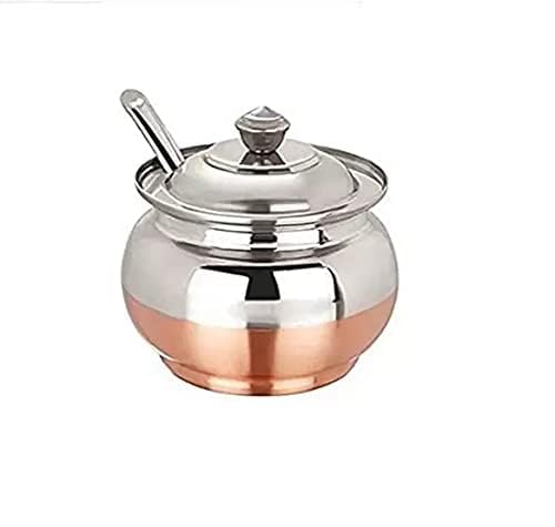 NIRON Multipurpose Stainless Steel Copper Bottom Ghee Pot 350ml | Ghee Container with Lid & Spoon | Traditional Ghee Dani for Butter Oil Storage | Mirror Finish Rust Resistant Kitchen Serving Pot