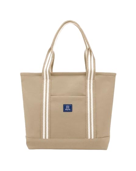 AQVA Signature Cotton Tote Bag for Everyday Use | Premium 100% Cotton Dobby Weave Handbag with Jacquard Handles, Zipper & Lining | Large Shoulder Bag for Travel, Office & Shopping (19x13x6_Kraft)