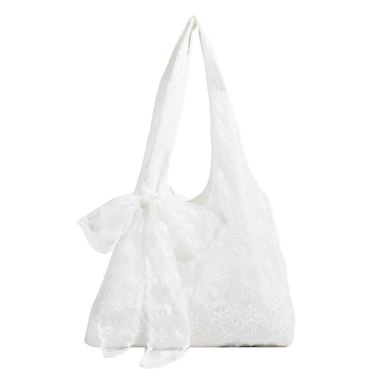 PALAY Lace Bow Shoulder Tote Bag, Floral Embroidered Slouchy Hobo for Women