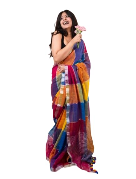 Piyari Fashion womens traditionalpure linen cotton soft self deseign trending multicolour saree with elegant tassel &running blouse picse (blue multicolour)