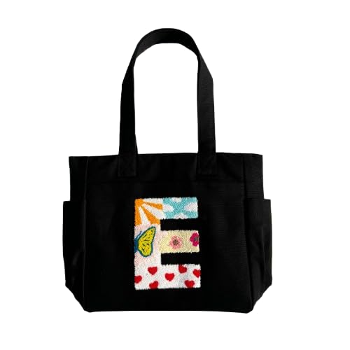TSANTA Alphabet Tufted Canvas Tote Bag for Women, Laptop Compatible, Zipper Closure, 35x11x31 cm, Multi, Cotton, Shoulder Strap, Personalised Letter Design