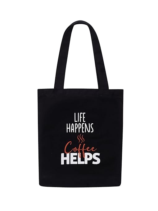 Mohini Dreams DOODLE Women Eco-Friendly Reusable Cotton Canvas Tote Bag | Inner & Outer Zip Pockets | Ideal for Travel, Shopping, College & Office Use | Caffine Shots, Black