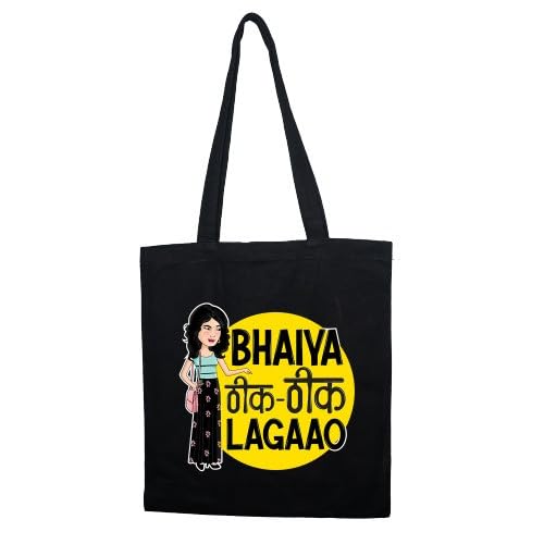 Tedhi Medhi Family Cotton Canvas Bhaiya Theek Theek Lagao Tote Bag (Black,15x13 Inch)