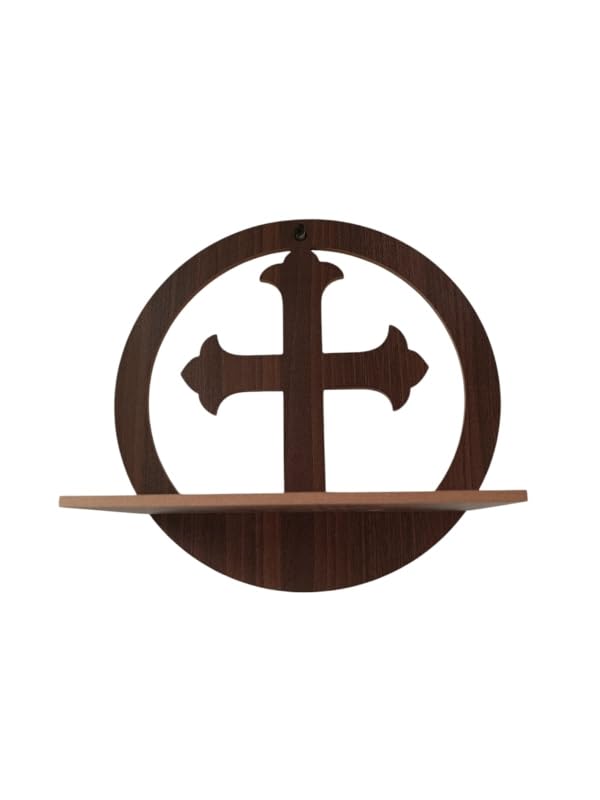 Wooden Wall Cross Shelf Temple,Round Shape Wooden Wall Christian Cross With Shelve For Home, Office.