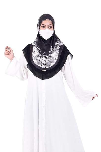 Markaz Hijab Printed Malaysian Instant Hijab for Women | Floral Border Design | Ready to Wear Modest Fashion Headscarf | Elegant Muslimah Style (BLACK, XXL (36))