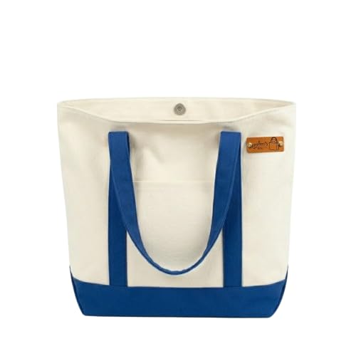 Meeboo’s Tote Canvas Tote Bag Off White Medium Size 350 GSM Cotton Canvas Shoulder Bag for Women Reusable Shopping Office College Bag with Magnetic Closure (Off White Blue Handle)