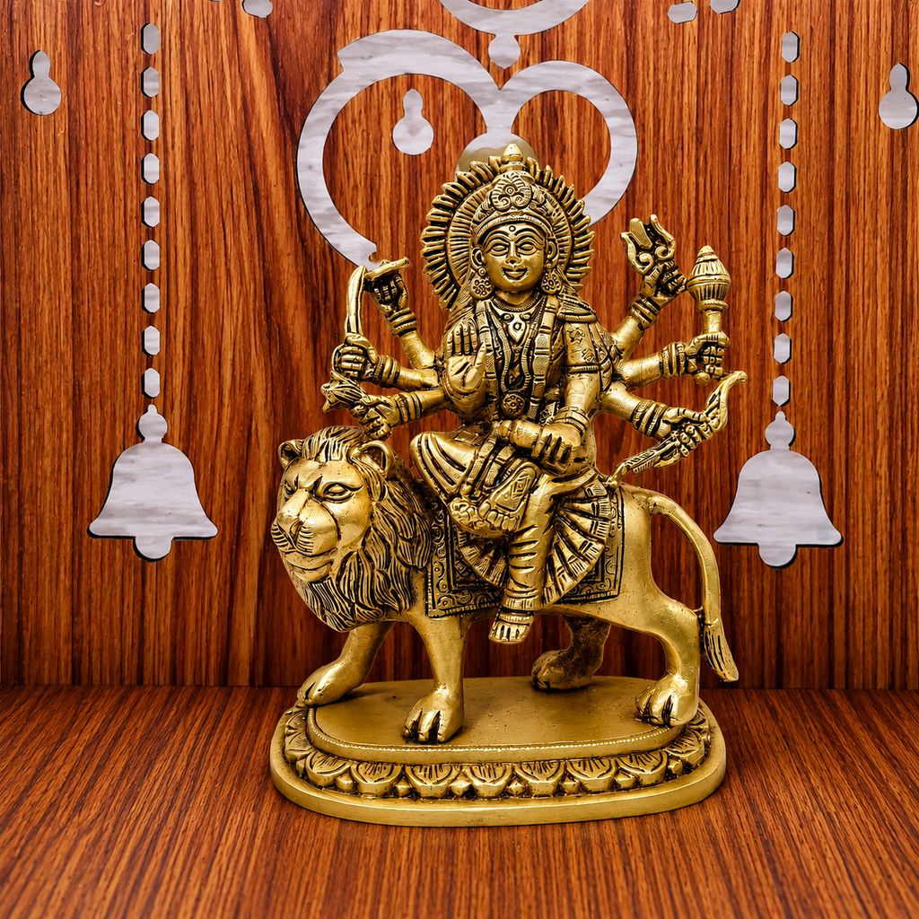 Brass Goddess Durga Sitting on Lion Statue (8.5 Inch) Vedansh Craft