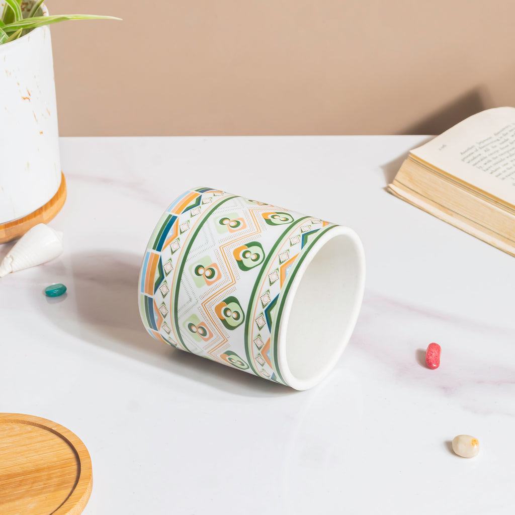 Mandala Print Ceramic Planter Green With Wooden Coaster Nestasia