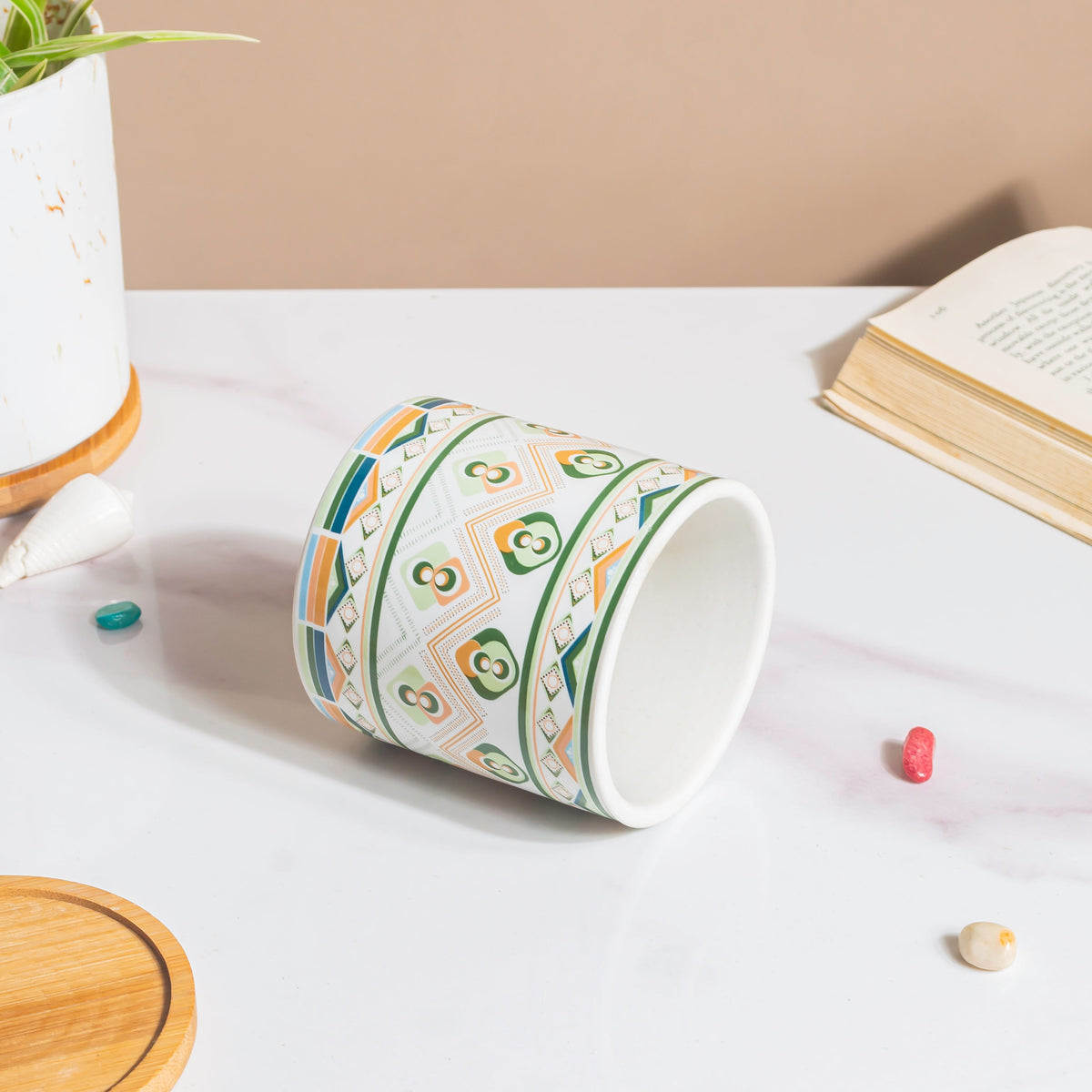 Mandala Print Ceramic Planter Green With Wooden Coaster Nestasia
