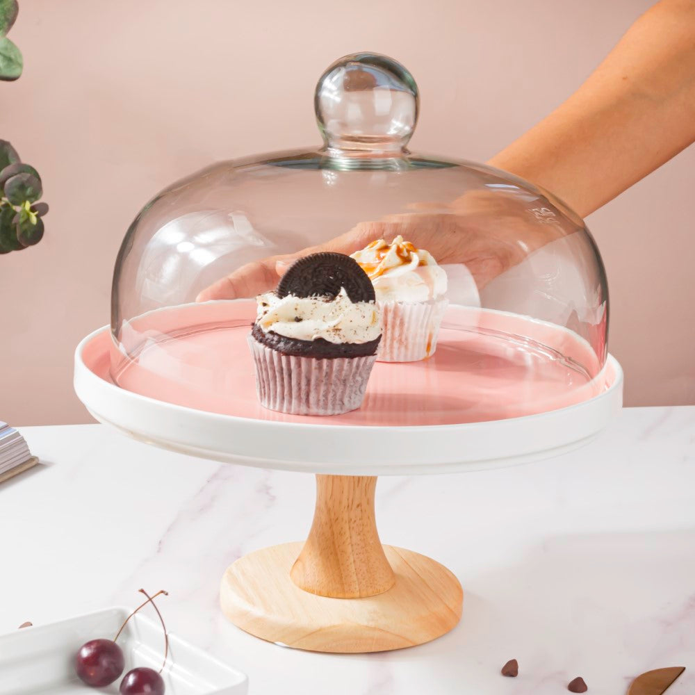 Cake Stand With Cloche Pink 9.5 Inch Nestasia