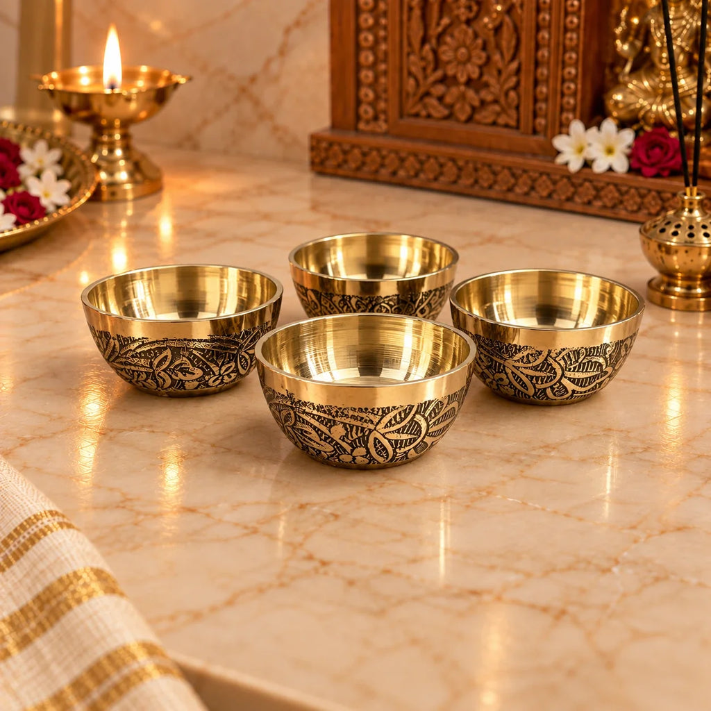 Brass Embossed Design Prasad Bowl Set (1 Inch) Vedansh Craft