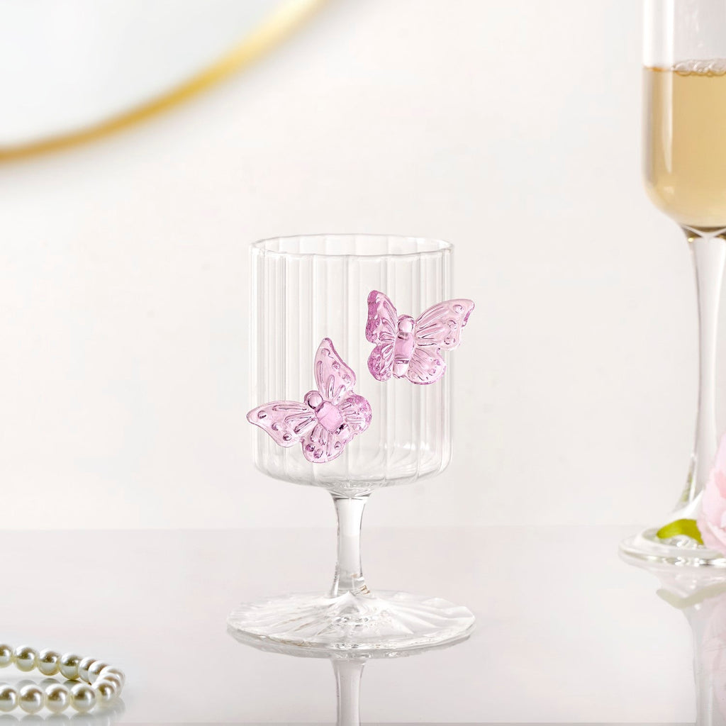 3D Pink Butterfly Ribbed Wine Glass 250ml Nestasia