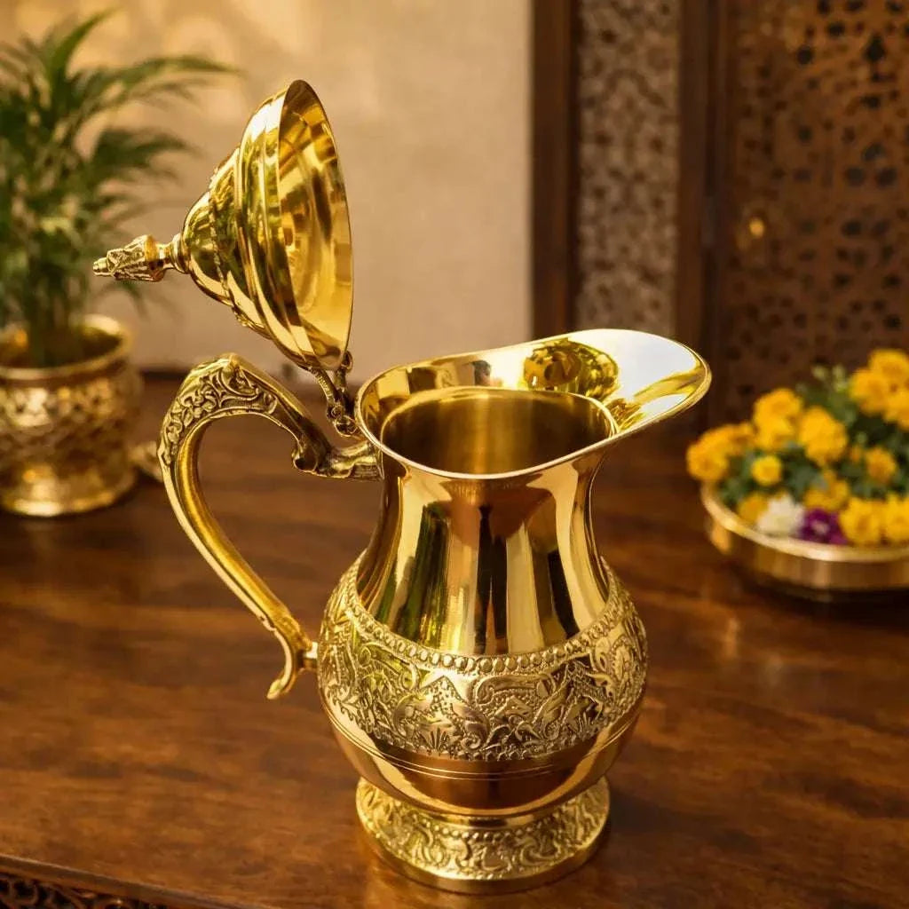 Brass Handcrafted Water Jug With Lid (9.5 Inch) Vedansh Craft