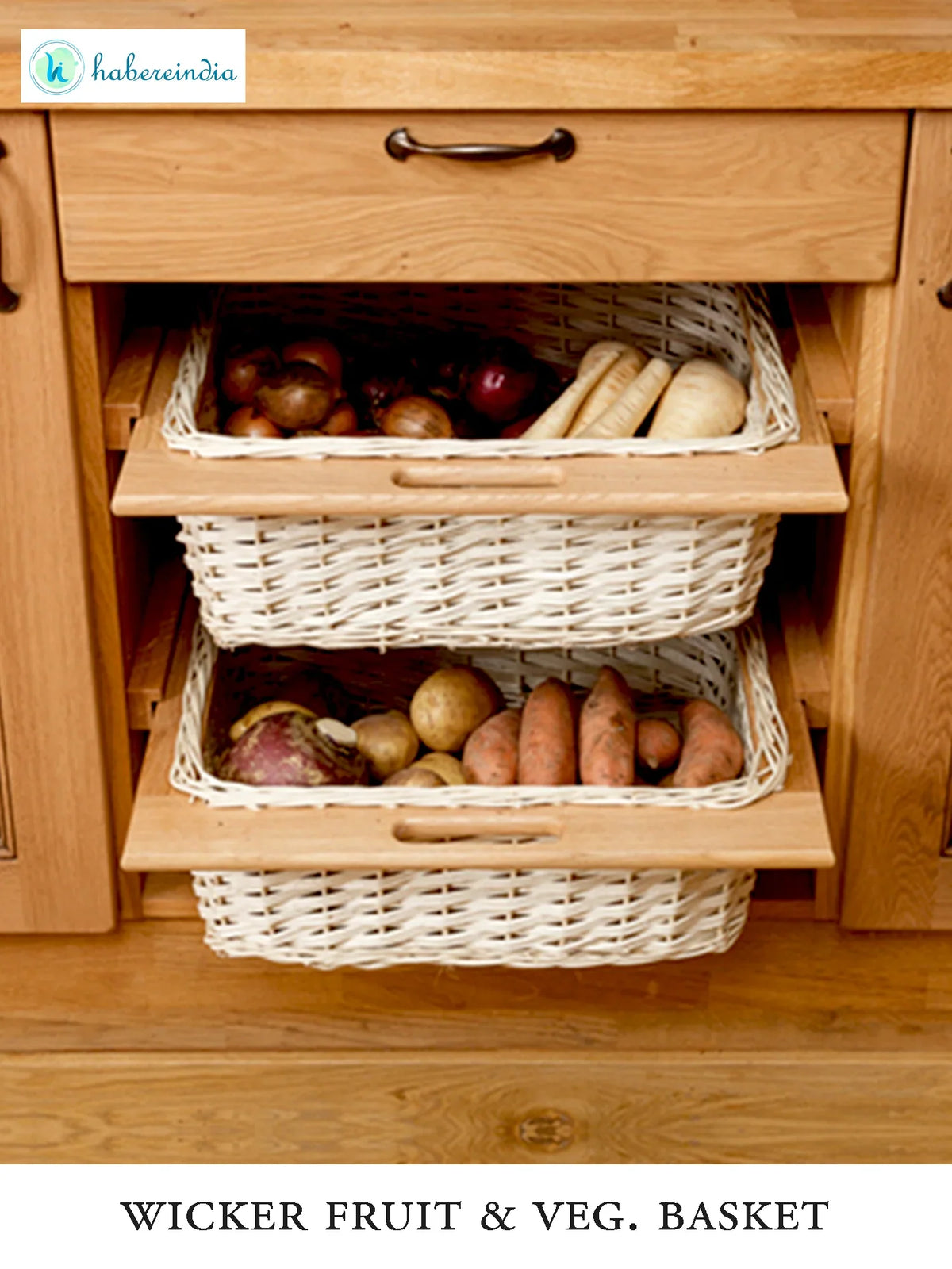 Handwoven Wicker Pull-Out Kitchen Basket with Double Partition for Organized Storage