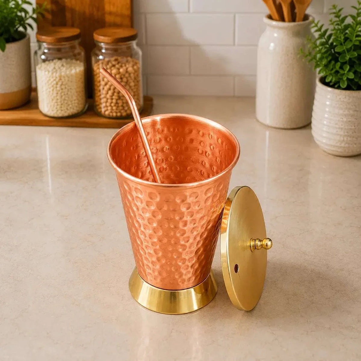 Copper Hammered Glass / Tumbler With Lid And Straw (6 Inch) Vedansh Craft