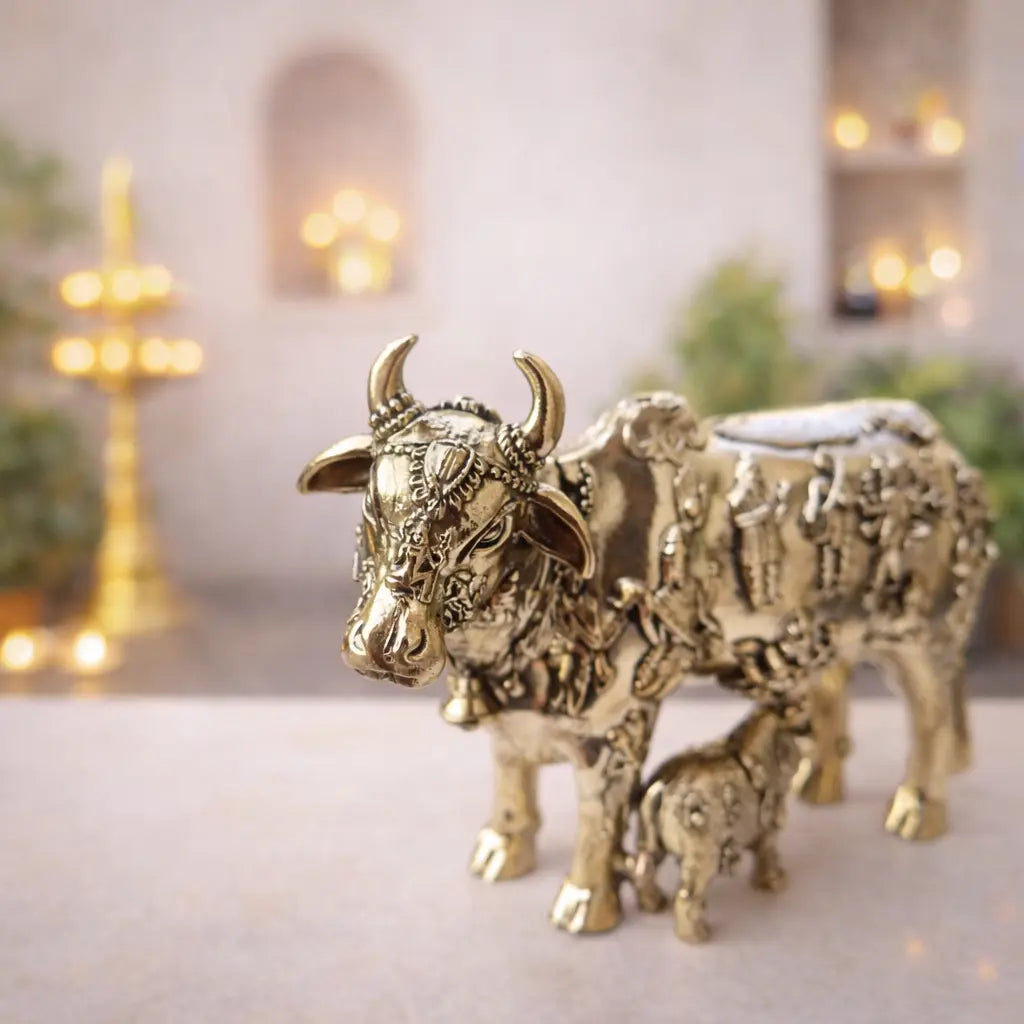 Brass Lightweight Kamdhenu Cow With Calf Idol (4 Inch) Vedansh Craft