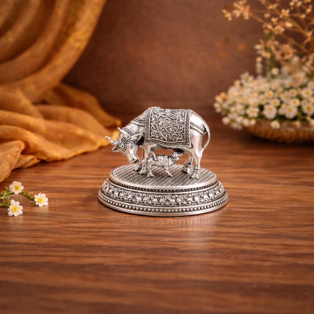 Brass Silver Plated Kamdhenu Cow With Calf Lightweight Idol (2 Inch) Vedansh Craft