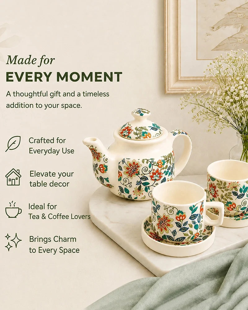 Hand Painted Floral Ceramic Tea Pot Set with Cup & Saucer