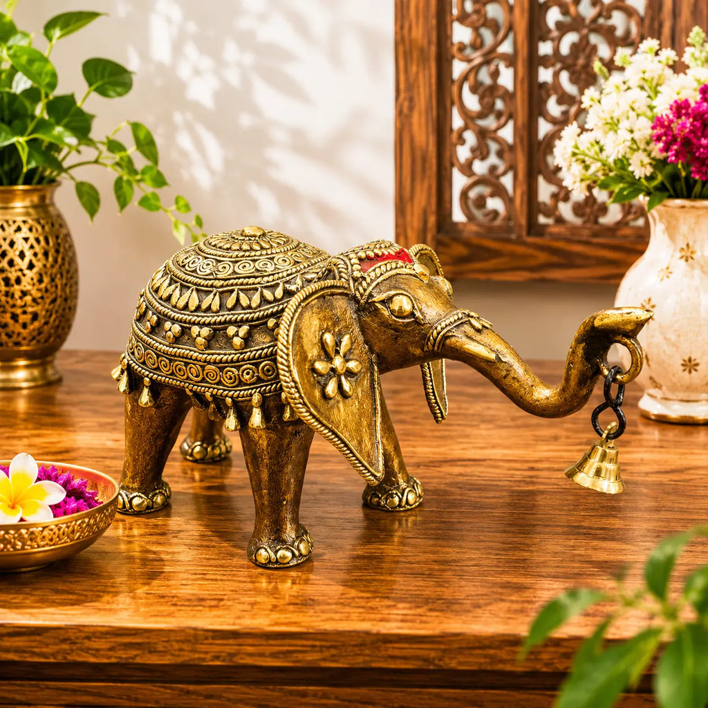 Brass Handcrafted Dhokra Elephant Statue With Bell (5.5 Inch) Vedansh Craft