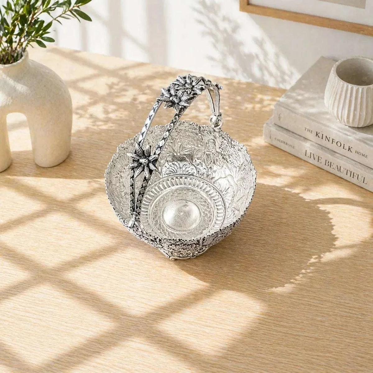 Brass Silver Plated Krishna With Cow Design Basket with Handle (5.5 Inch) Vedansh Craft