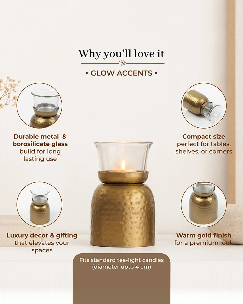 Hammered Metal Cylindrical Tea Light Holder with Glass for Home Decor