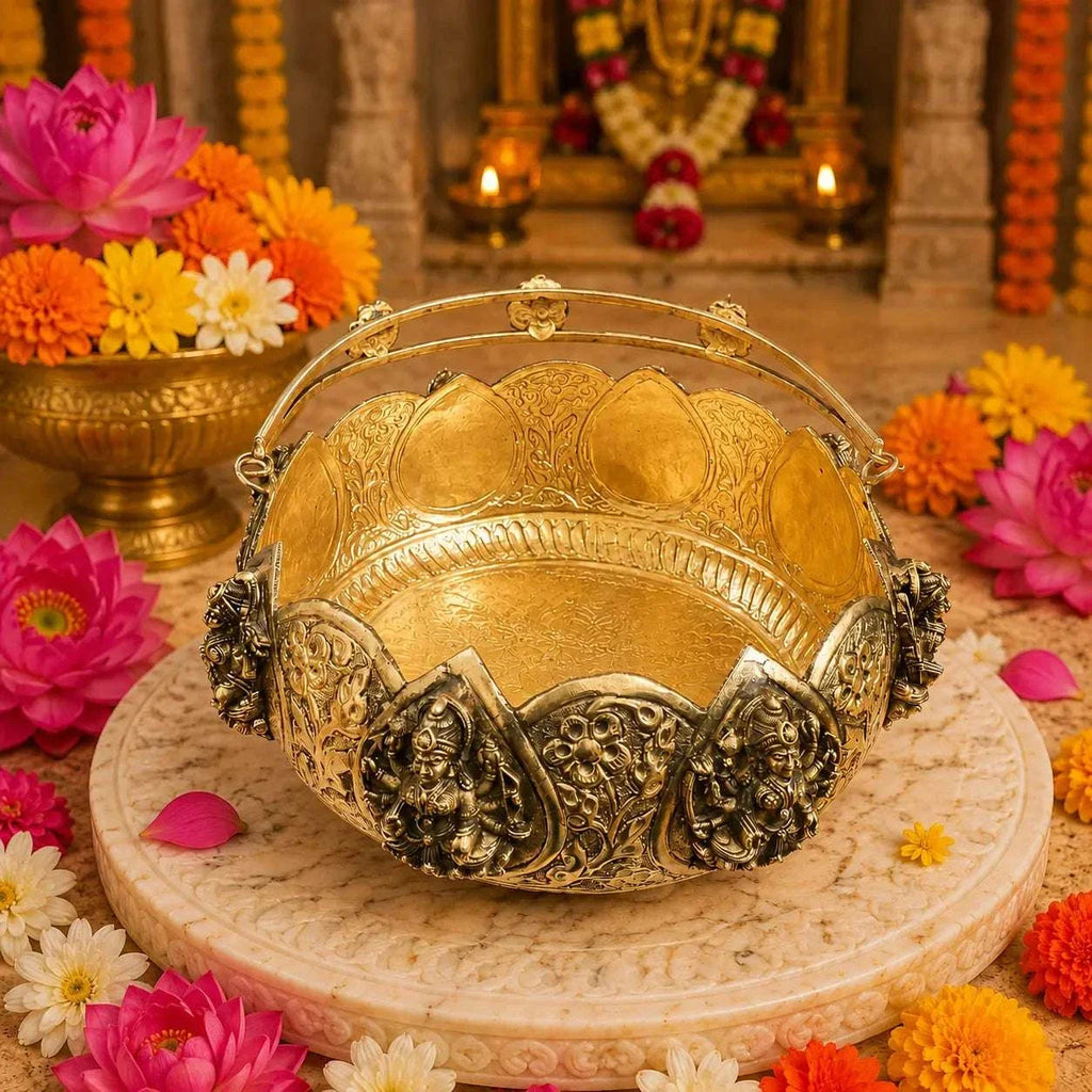 Brass Ashtalakshmi Basket With Handle And Leg (3.5 Inch) Vedansh Craft