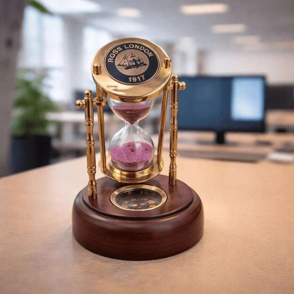 Brass Rotating Sand Clock With Compass And Wooden Stand Vedansh Craft