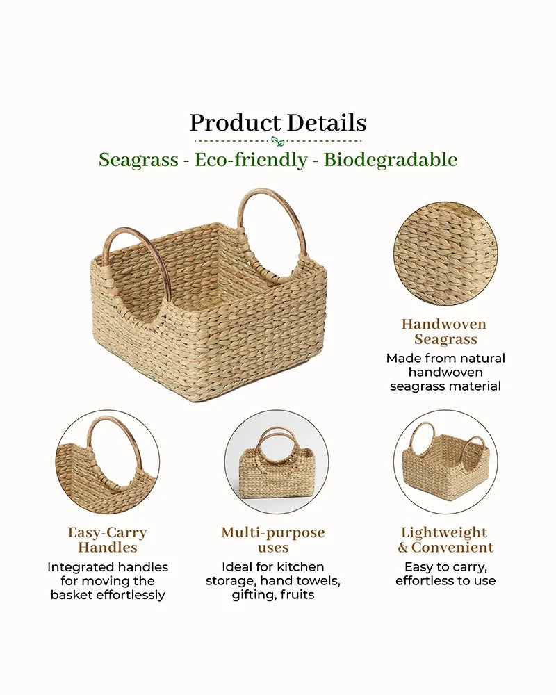Handcrafted Cane Handle Seagrass Fruit Hamper Basket for Home Storage and Gifting