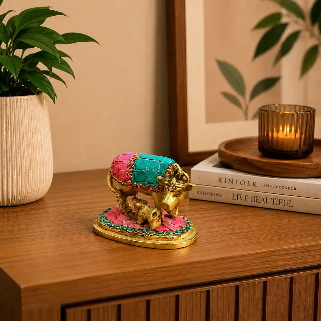 Brass Stone Work Kamdhenu Cow Idol (2.5 Inch) Vedansh Craft