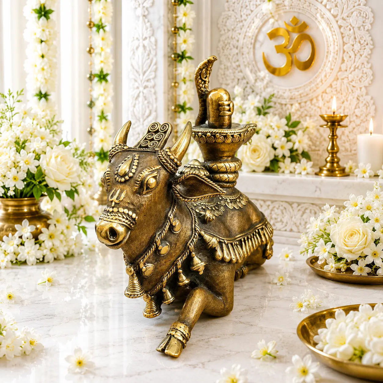 Brass Handcrafted Dhokra Sitting Nandi Idol on Shivling (7 Inch) Vedansh Craft
