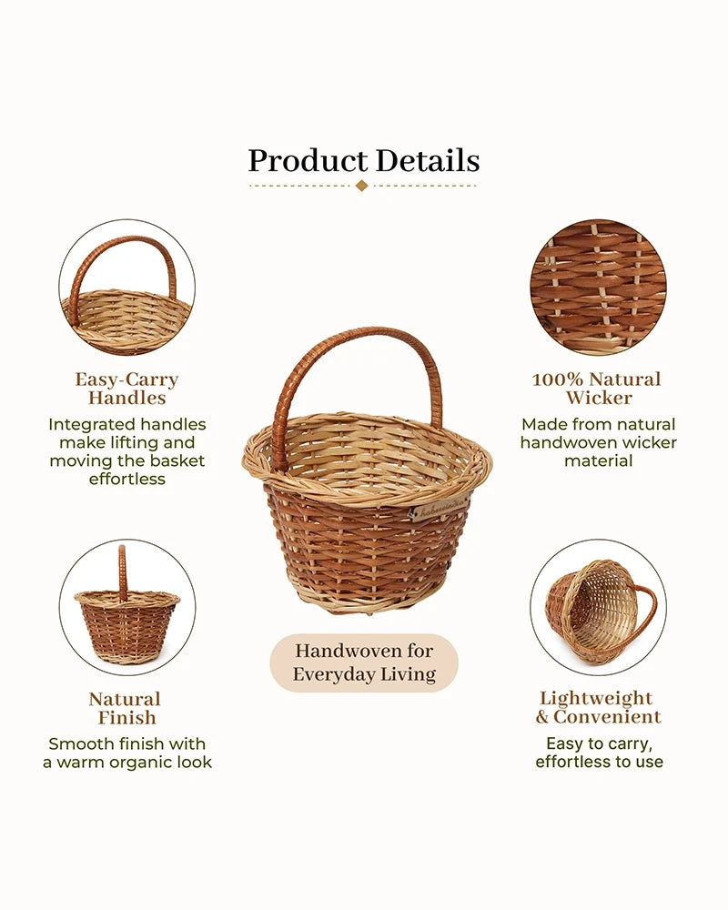 Handcrafted Wicker Round Basket for Fruits, Flowers, and Home Storage