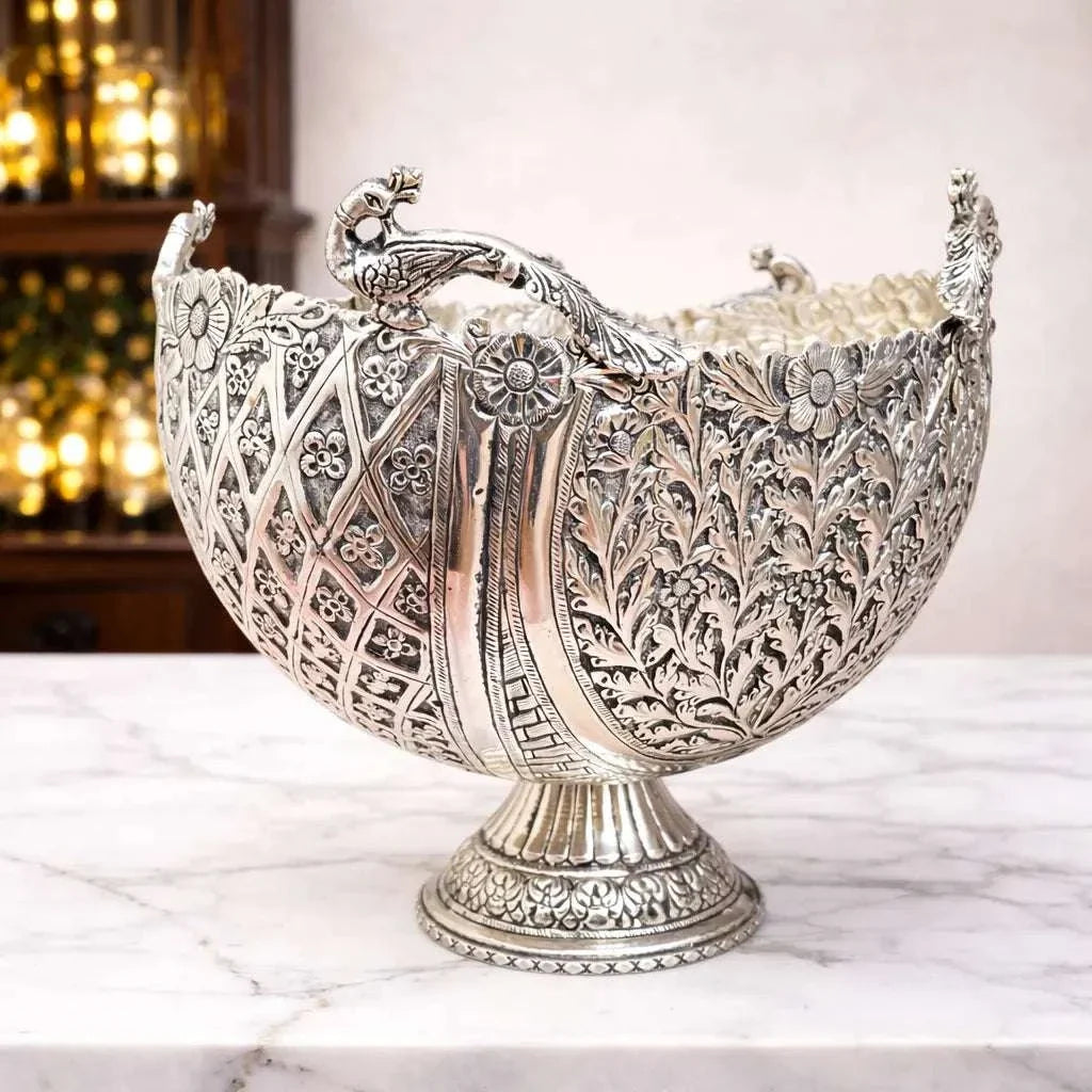 Brass Silver Plated Decorative Basket with Peacock Design (10 Inch) Vedansh Craft