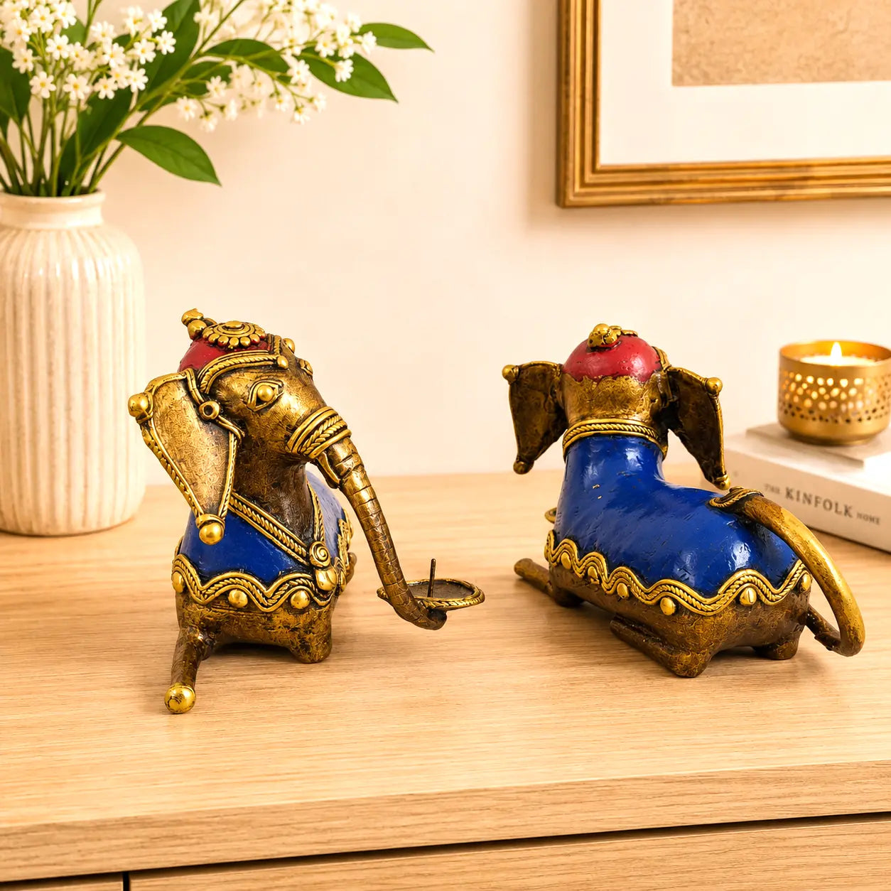 Brass Dhokra Sitting Elephant Statue Set With Candle Holder (5 Inch) Vedansh Craft