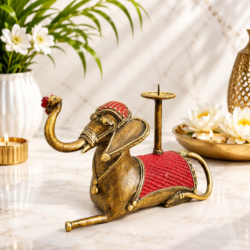 Brass Dhokra Sitting Elephant Statue With Candle Holder (5 Inch) Vedansh Craft