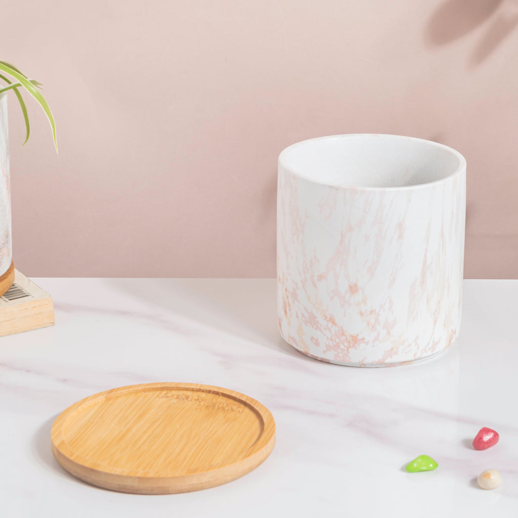 Carrara White And Brown Ceramic Planter With Wooden Coaster Nestasia