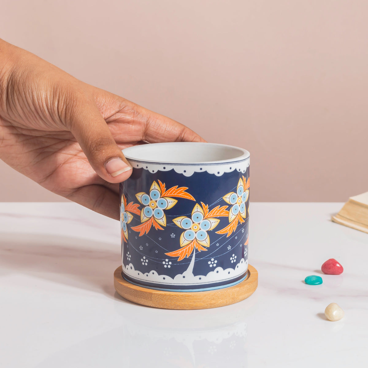 Bloom Fiesta Botanical Planter Blue With Wooden Coaster Nestasia