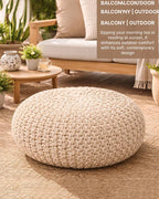 Handwoven Jute Round Pouffe in White for Living Room and Bedroom