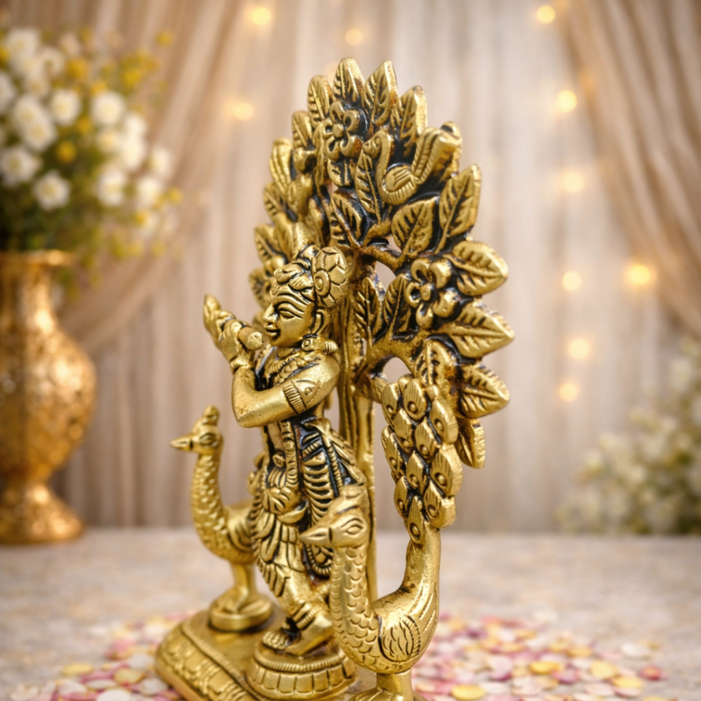 Brass Lord Krishna Standing Statue With Tree And Peacock (5 Inch) Vedansh Craft