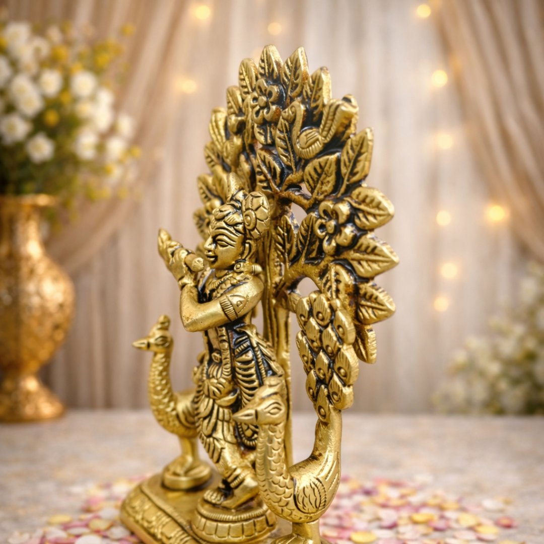Brass Lord Krishna Standing Statue With Tree And Peacock (5 Inch) Vedansh Craft