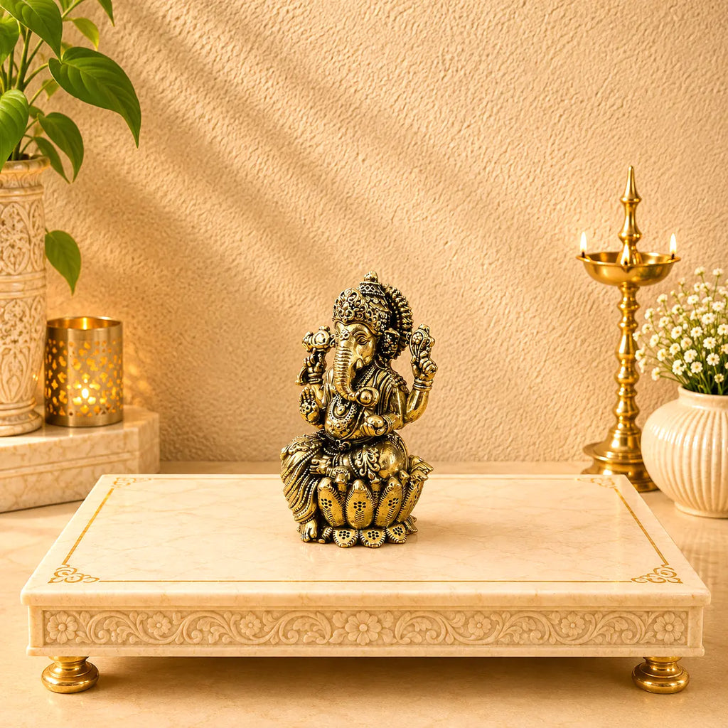 Brass Lightweight Sitting On Louts Ganesha Idol (3.5 Inch) Vedansh Craft