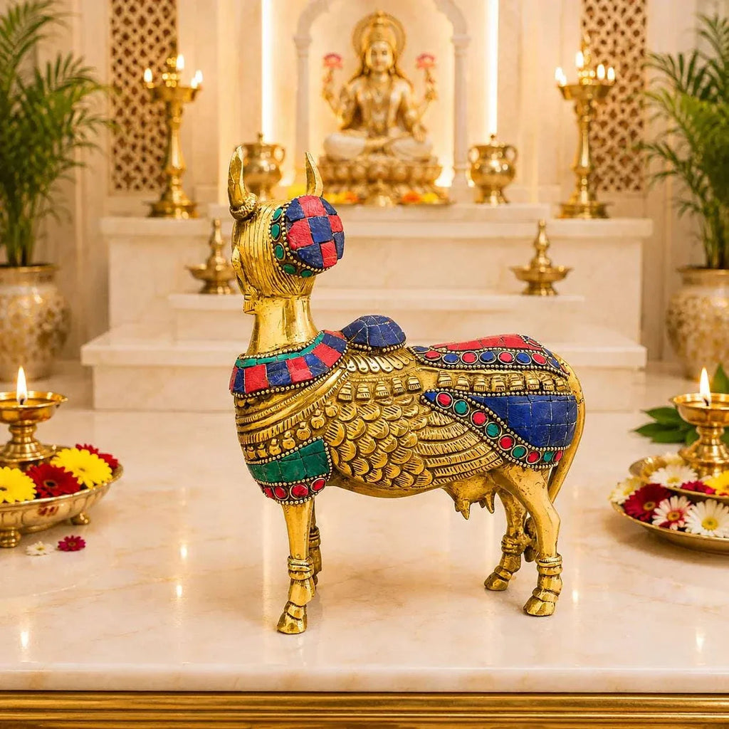 Brass Stone Work Standing Cow Idol Vedansh Craft