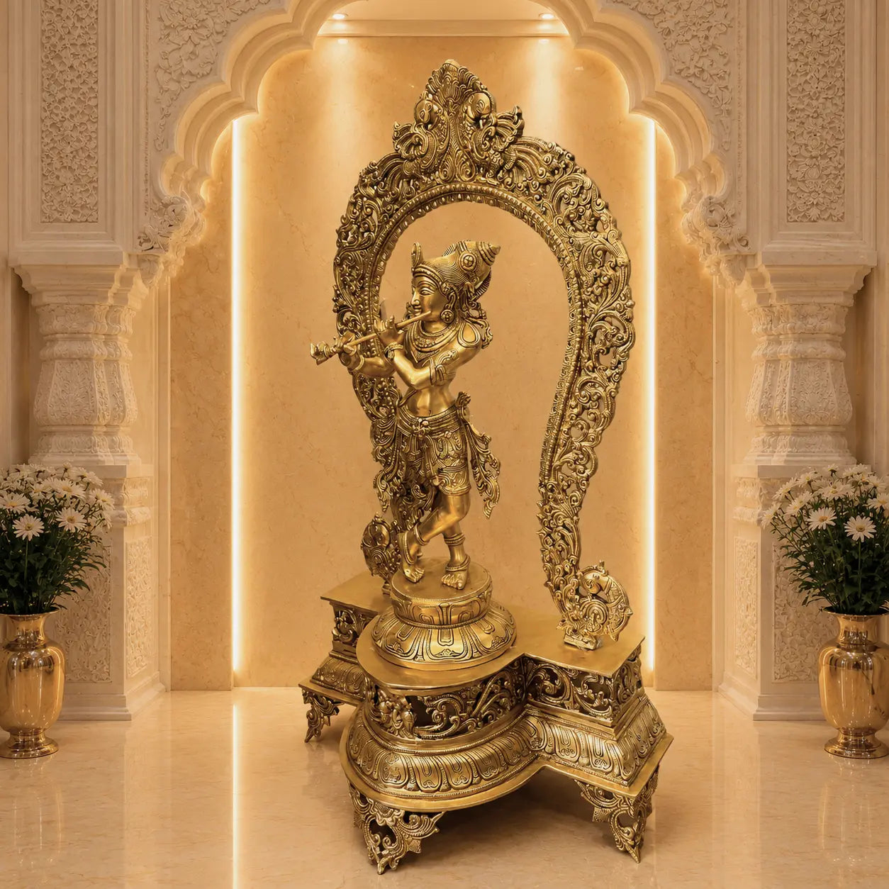 Brass Standing Krishna Idol On Throne / Singhasan (31 Inch) Vedansh Craft