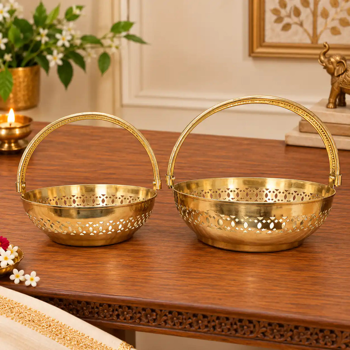Brass Pooja Basket With Handle Set of 2 Vedansh Craft