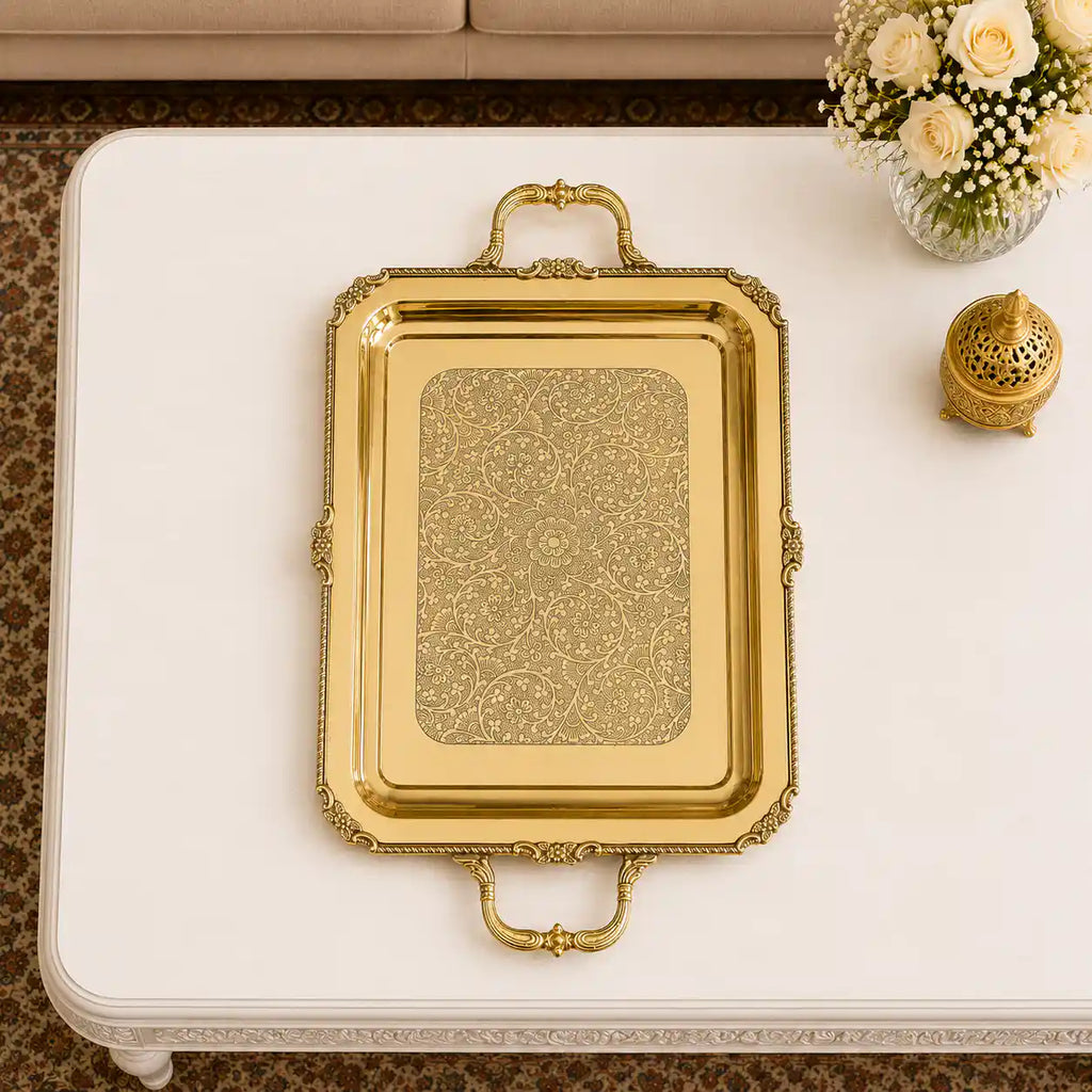 Brass Rectangular Tray / Platter With Handle Vedansh Craft