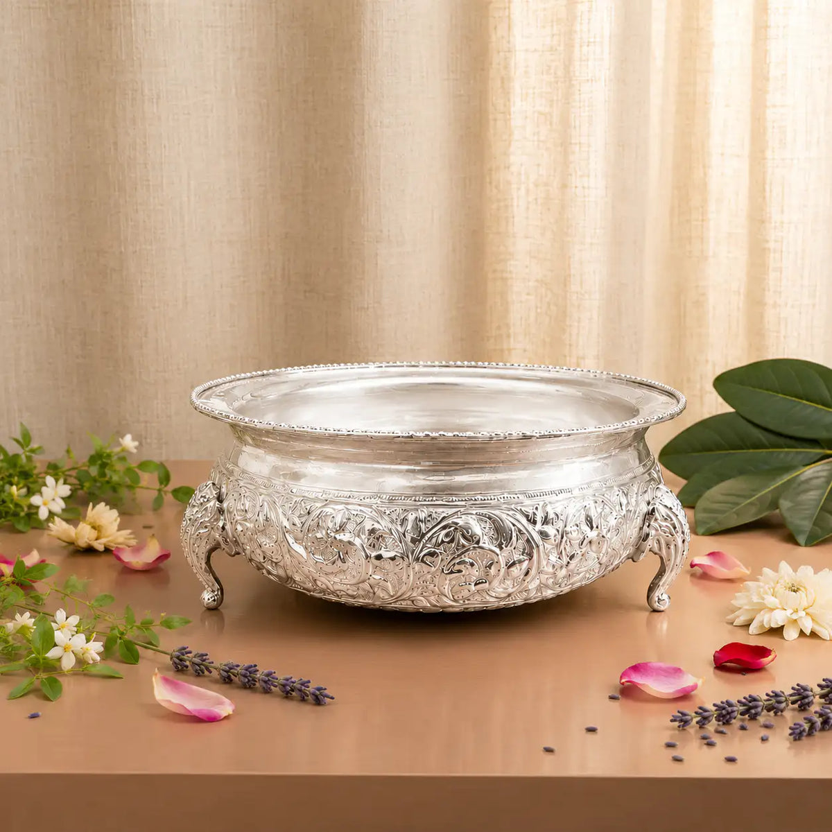 Brass Silver Plated Urli Bowl with Elephant Legs (3.2 Inch) Vedansh Craft